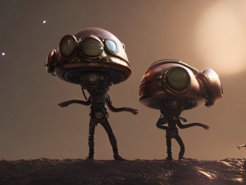 Two Alien Astronauts Exploring an Alien Landscape