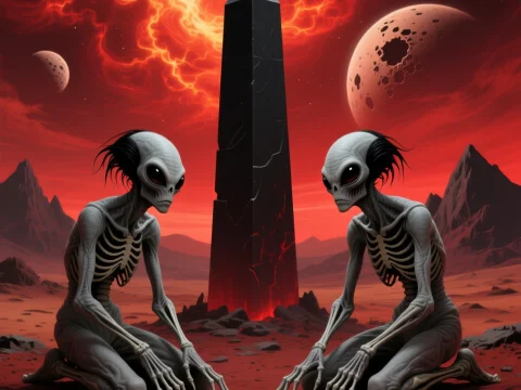Two Alien Figures Kneeling by a Monolithic Obelisk on a Red Planet