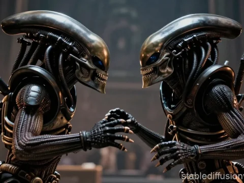 Two Alien Warriors Facing Off in Intense Standoff