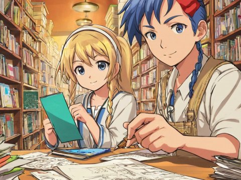 Two Anime Characters Studying in a Cozy Library