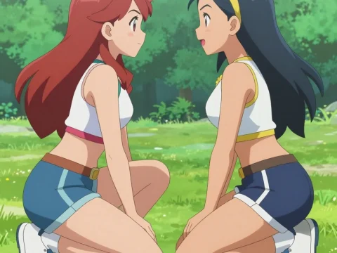 Two Anime Girls Squatting Face to Face Outdoors