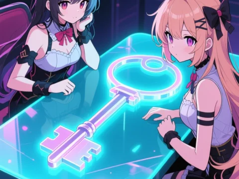 Two Anime Girls with Glowing Key on Futuristic Table