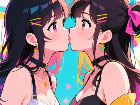 Two Anime Sisters Sharing a Kiss