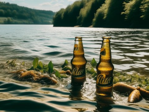 Two Beer Bottles in a River with Lush Green Surroundings