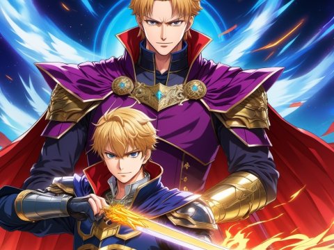 Two Blonde Knights in Majestic Armor with Fiery Sword