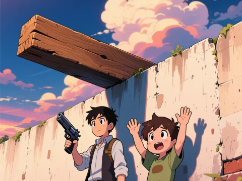 Two Boys with Gun and Raised Hands by a Wall at Sunset