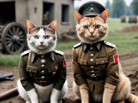 Two Cats in Military Uniforms in a Historical Setting