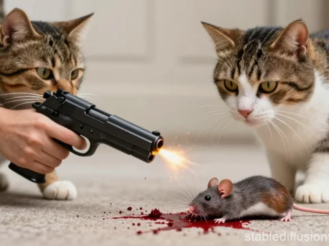 Two Cats Observing a Mouse Shot by a Handgun