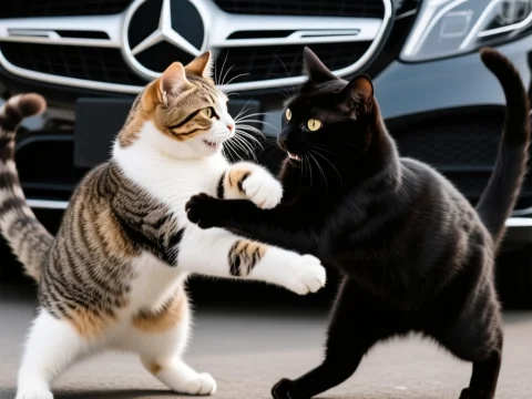 Two Cats Playfully Sparring in Front of a Mercedes Car