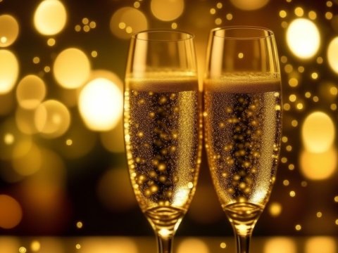 Two Champagne Glasses with Festive Golden Bokeh Lights