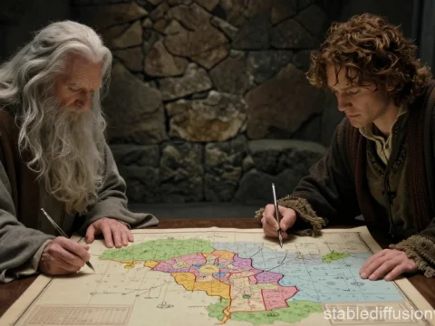 Two Characters Strategizing Over a Colorful Map