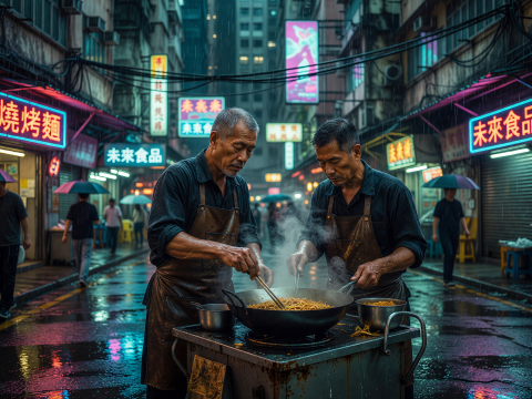 Two Chefs Cooking Noodles on Rainy Neon-Lit Street