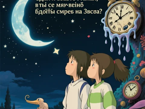 Two Children Gazing at the Moon and Melting Clock in Anime Style