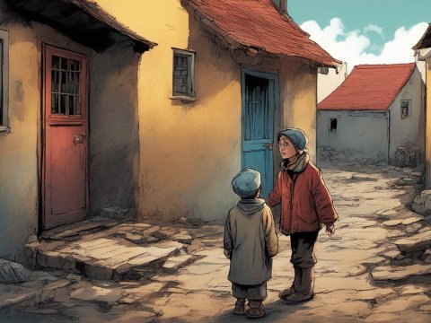 Two Children in a Quiet Village Alley