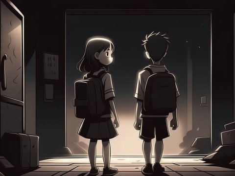 Two Children Standing in Dimly Lit Doorway