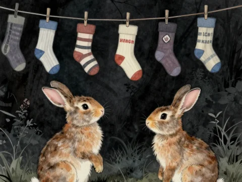 Two Curious Rabbits Under Hanging Socks at Night