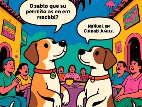 Two Dogs Discussing Nahual in a Vibrant Mexican Street Scene