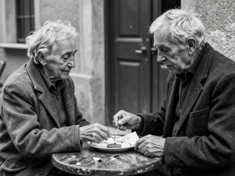 Two Elderly Men Sharing a Meal Outdoors
