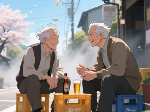 Two Elderly Men Sharing a Moment Under Cherry Blossoms