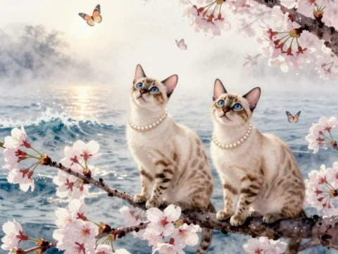 Two Elegant Cats on Cherry Blossom Branch by the Sea