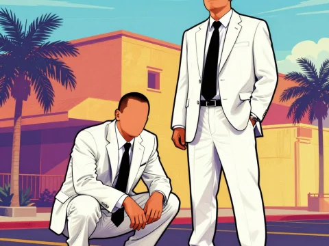 Two Faceless Men in White Suits in a Vibrant Urban Setting