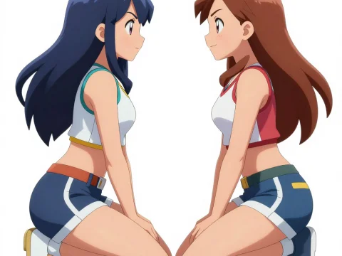 Two Female Anime Trainers Kneeling and Facing Each Other