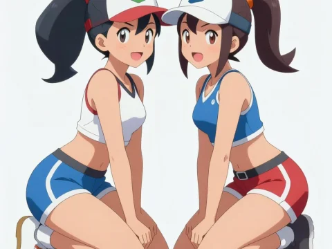 Two Female Anime Trainers Kneeling in Sporty Outfits