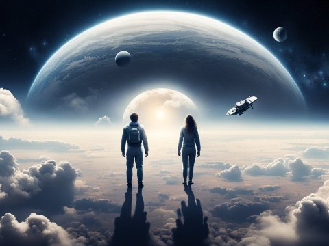 Two Figures Gazing at a Majestic Planetary Horizon