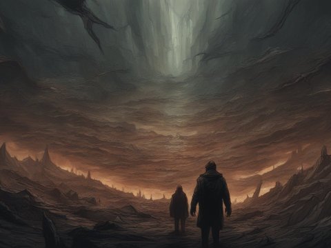 Two Figures in a Dark, Surreal Landscape