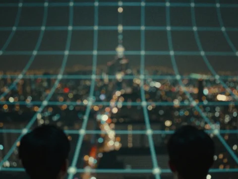 Two Figures Overlooking City Lights with Digital Grid Overlay