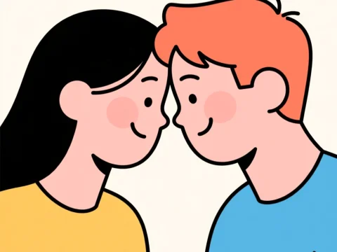 Two Friends Touching Foreheads in a Cute Illustration