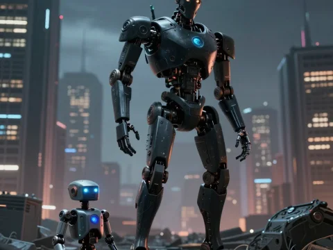 Two Futuristic Robots in a Cyberpunk Cityscape