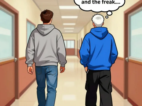 Two Guys Walking in a College Hallway with Thought Bubble