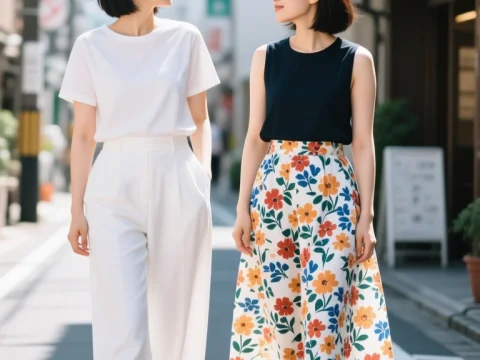 Two Japanese Women Walking and Smiling in City Street