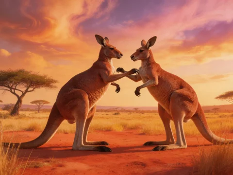 Two Kangaroos Battling at Sunset in a Vast Outback