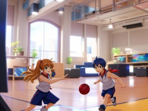 Two Kids Playing Basketball in a Bright Gym