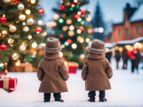 Two Little Children in Winter Coats Admiring Christmas Tree