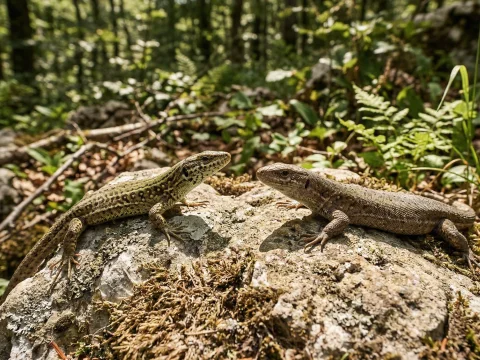 Two Lizards Sunbathing on a Rock in Forest