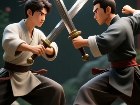 Two Martial Artists Duel with Swords in Traditional Attire