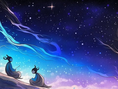 Two Meditative Figures Under a Starry Night Sky