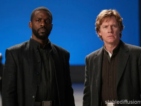 Two Men in Dark Clothing Against Blue Background