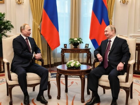 Two Men in Formal Suits Sitting in Elegant Room with Flags