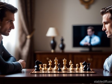 Two Men Intently Playing Chess in Elegant Room
