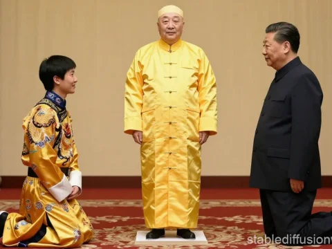 Two Men Kneeling Before Elder in Traditional Yellow Robe