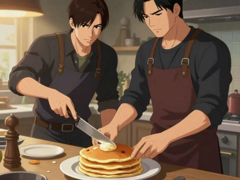 Two Men Preparing Pancakes in a Cozy Kitchen