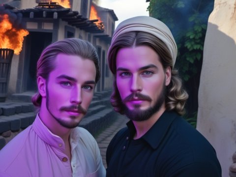 Two Men with Intense Gaze in Historic Village with Burning Buildings