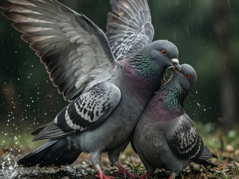 Two Pigeons Interacting in the Rain