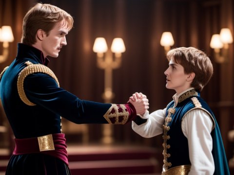 Two Princes in Regal Attire Shaking Hands in a Grand Hall