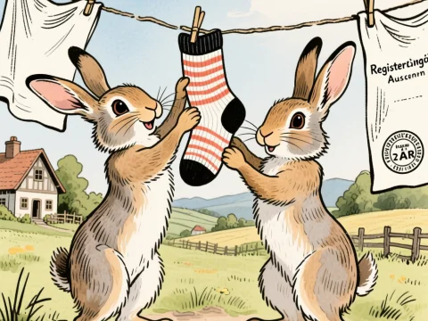 Two Rabbits Stealing a Sock on a Clothesline