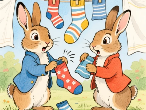 Two Rabbits Stealing Colorful Socks on a Clothesline